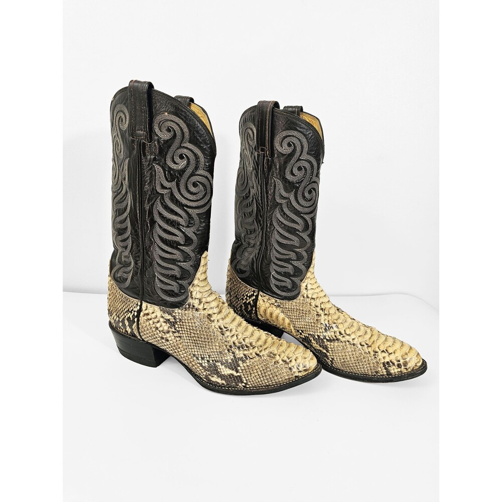 Tony Lama 12D Vintage Python Snakeskin Black Shaft Cowboy Boots 8114 80s Classic